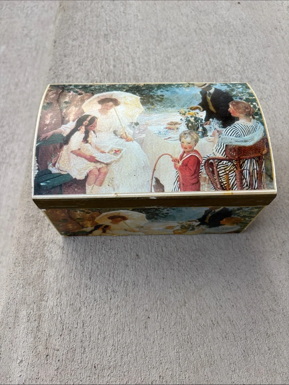VTG Wood Trinket Box The Arbour Painting Print Victorian Cottagecore